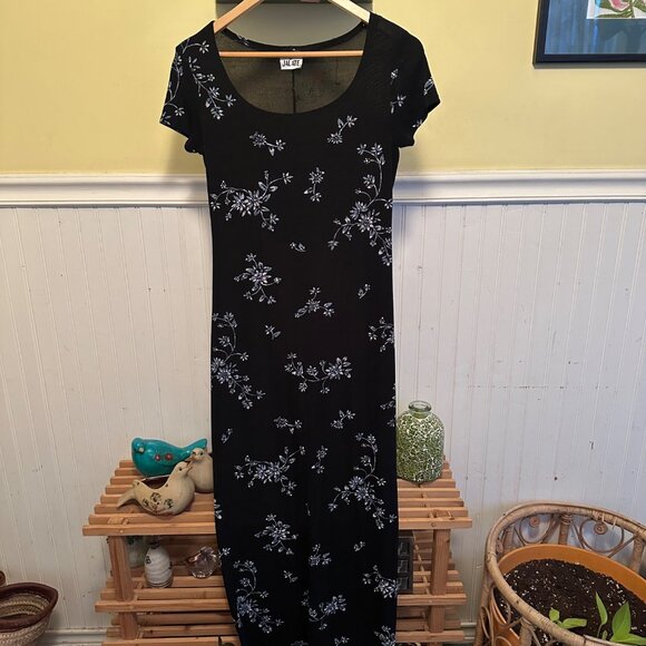 Jalate Vintage 90s maxi dress, black stretch knit or print short sleeves - Picture 1 of 7